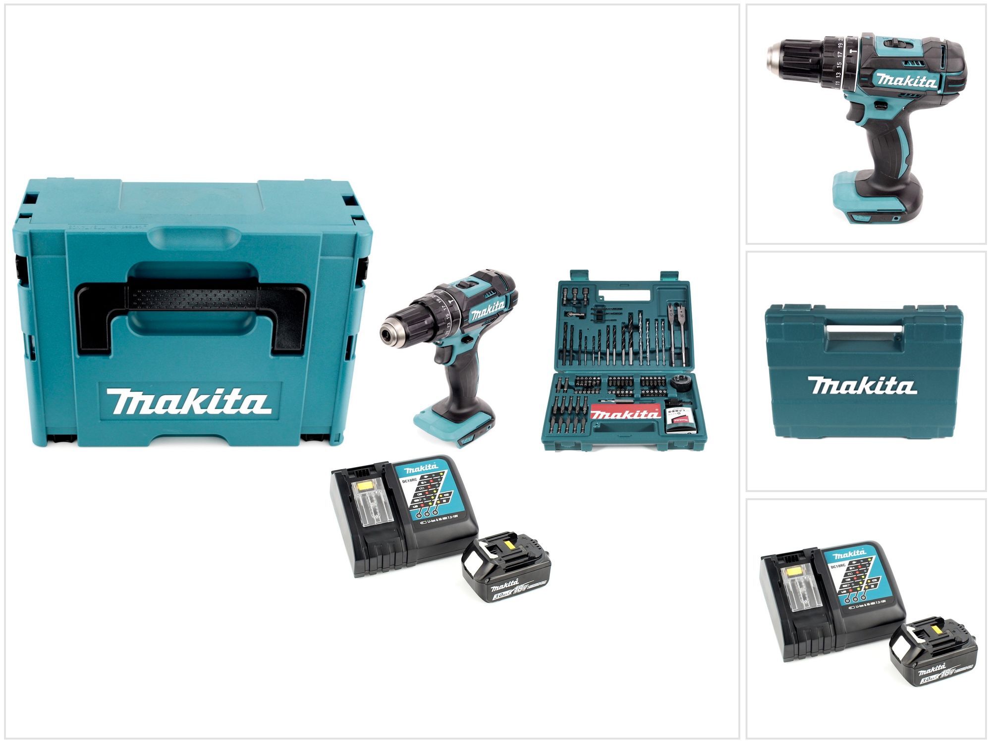 Makita DHP 482 RF1J akumulátorová príklepová vŕtačka 18V 62Nm v Makpac + 3,0 Ah akumulátor + nabíjačka + sada vrtákov a bitov 100 ks