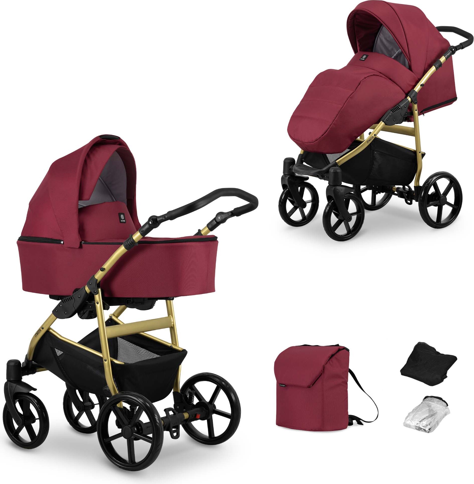 Kinderwagen MATA Sportwagen Babywagen Babyschale Komplettset Kinder Wagen Set 2 in 1 (maroon, Rahmenfarbe: Gold)