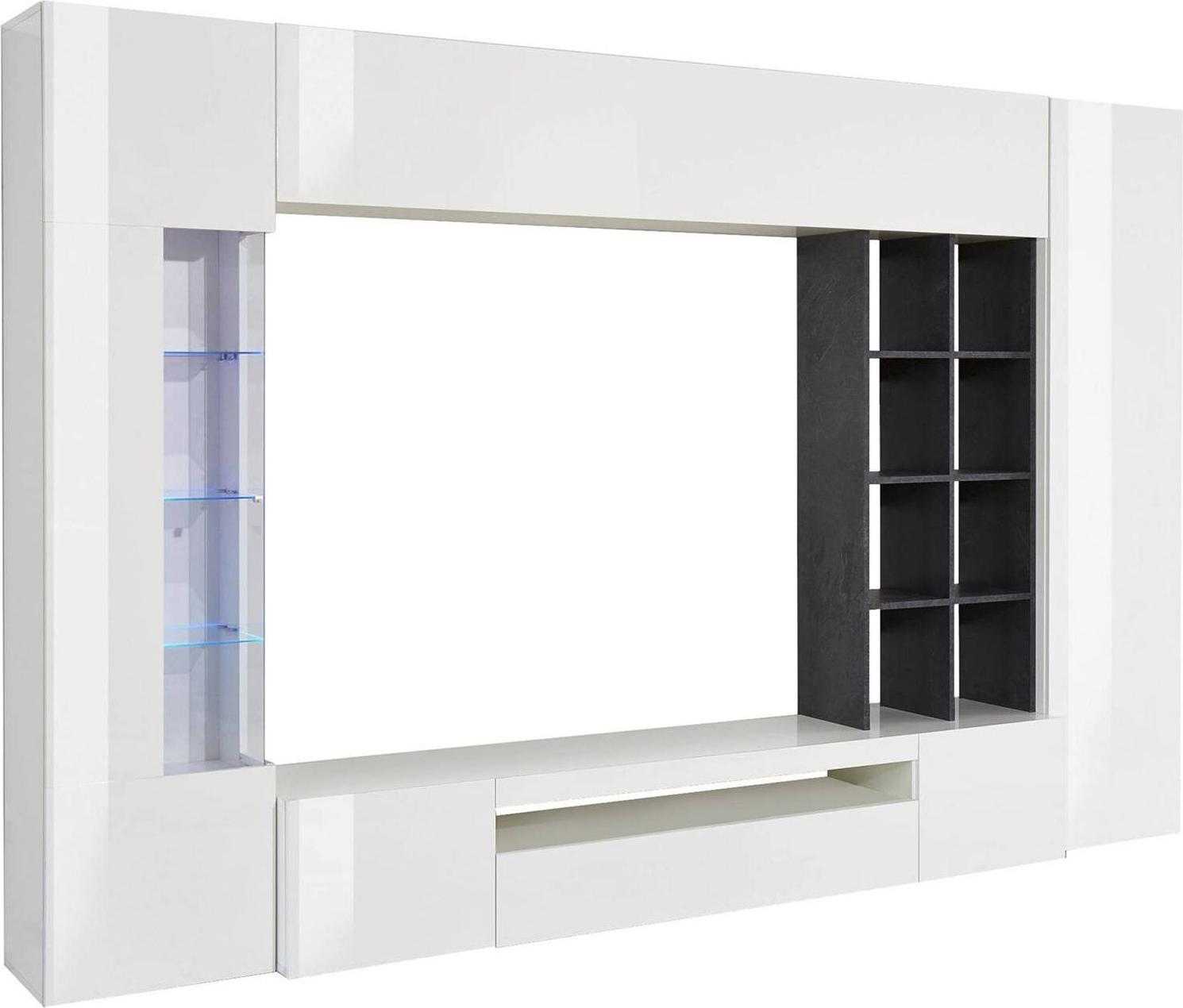 Dmora Wohnzimmermöbel Dlazzar, TV-Ständer Wohnzimmer-Set, Mehrzweck-Wohnzimmermöbel mit LED-Beleuchtung, 100 % Italy, cm 290x40h192, glänzend weiß und Schiefer
