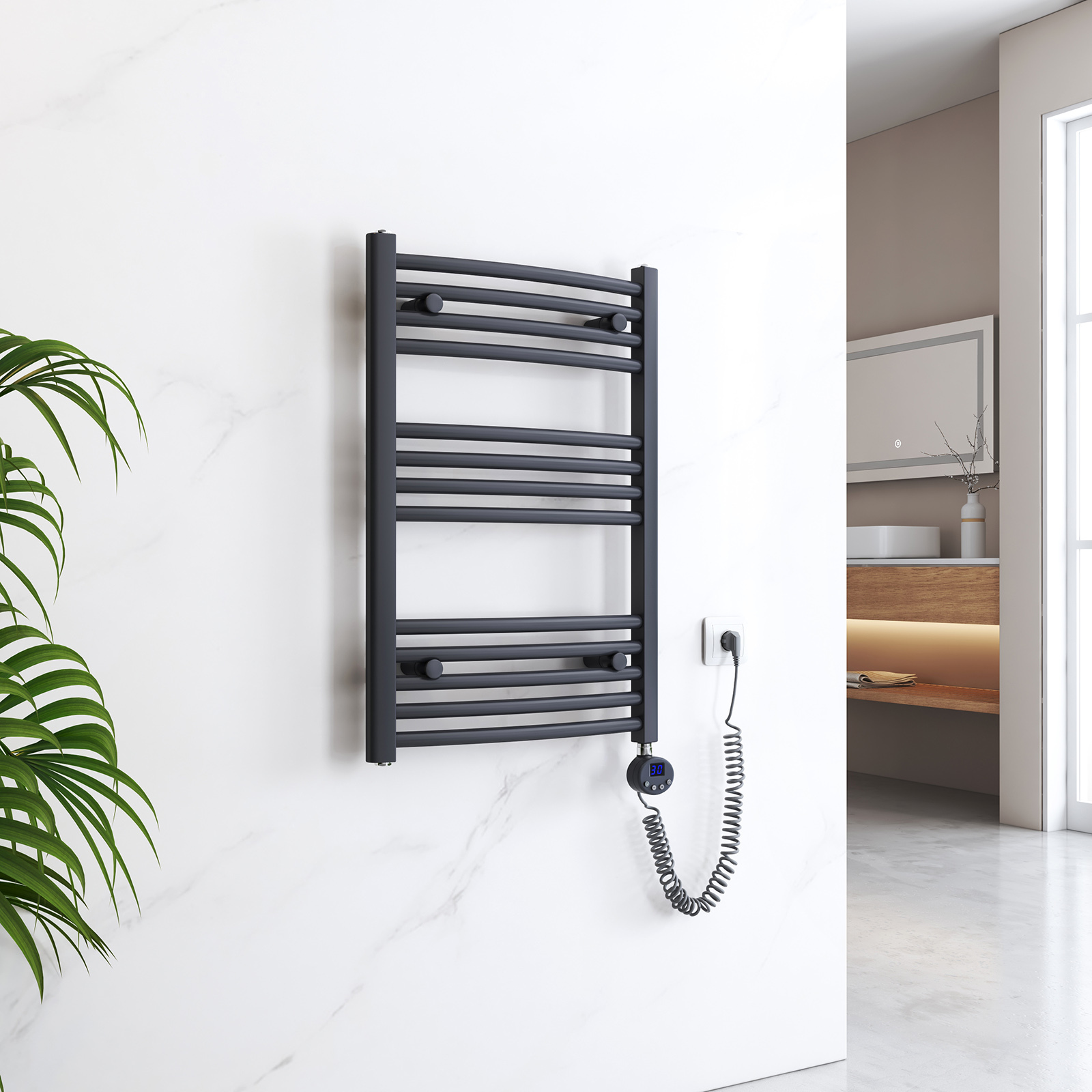 EMKE Elektrický kúpeľňový radiátor s termostatom Zakrivený ohrievač uterákov s vykurovacím telesom Antracit 750 x 500 mm 300 W
