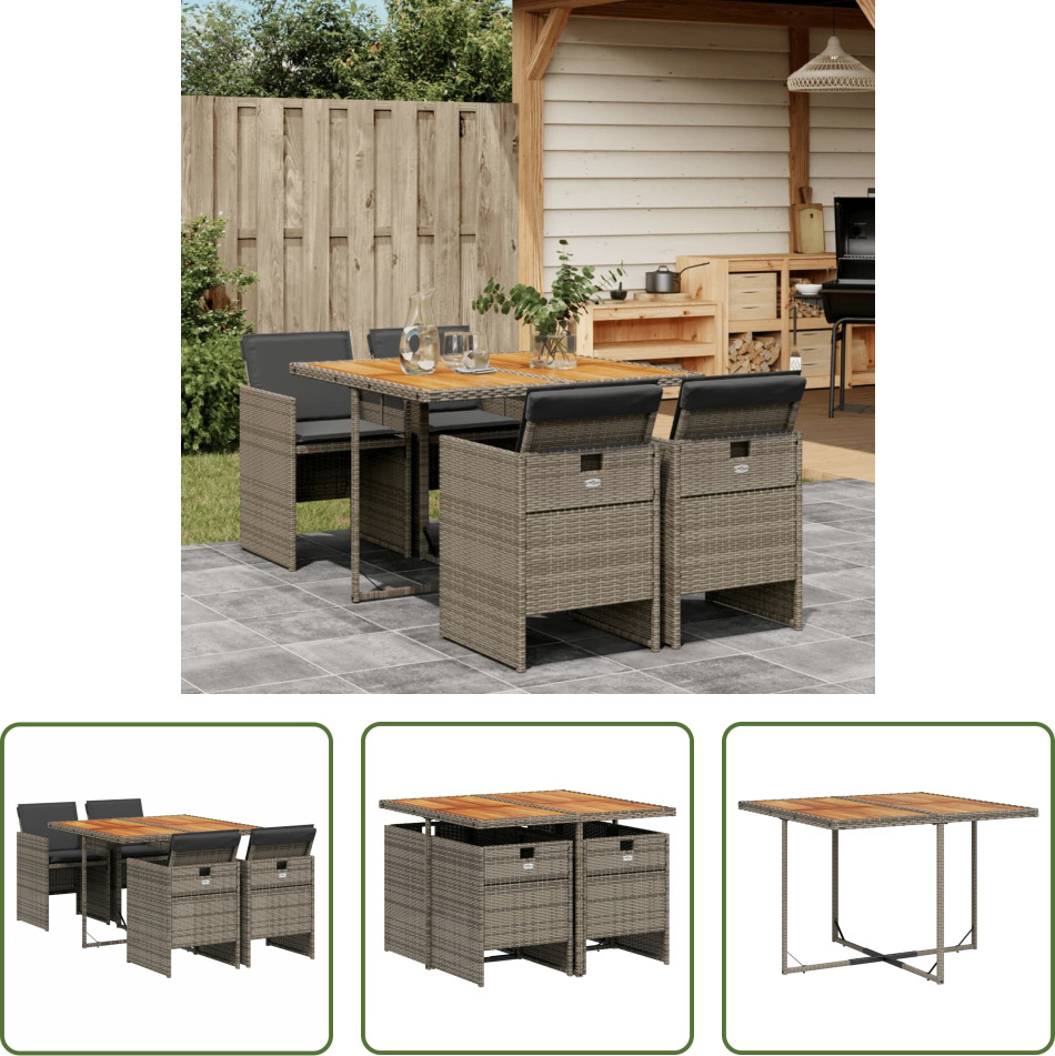 The Living Store 5-dielny záhradný jedálenský set s vankúšmi sivý polyratan