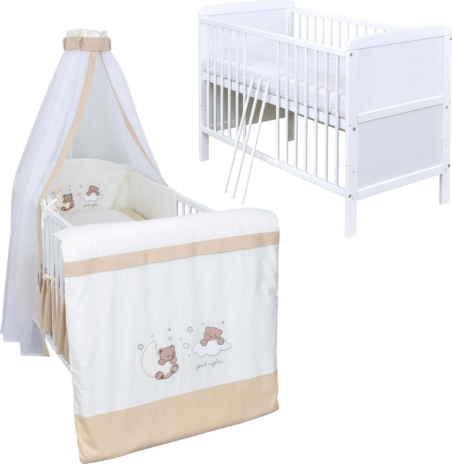 Baby-Delux Babybett Kinderbett Umbaubar 140x70 Weiß Bettset Komplett mit Motiv Traumland Beige
