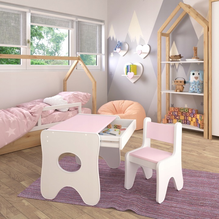 IDEAMEB Happy Babies - Kinder-Schreibtisch mit 1 Stuhl – Ergonomischer Spieltisch mit Stauraum – Ergonomischer Spiel Lerntisch Jungen & Mädchen – Kindermöbel 1-bezyciecia-roz
