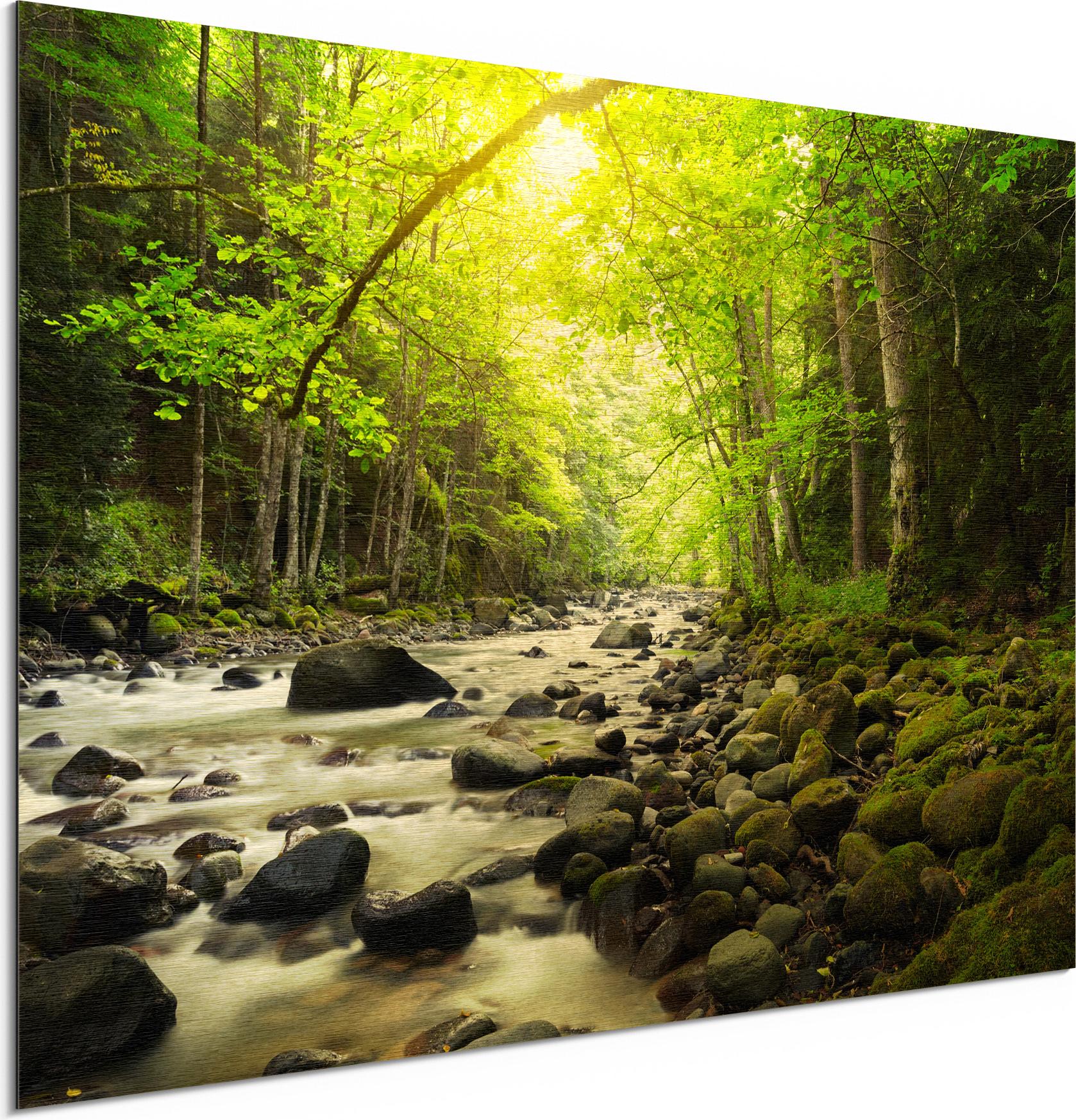 DEQORI Alu-Dibond Bild Gold 60x40 cm 'Steiniges Flussbett' Wandbild Metall dünn Design AD-60-40-G-1306-UV