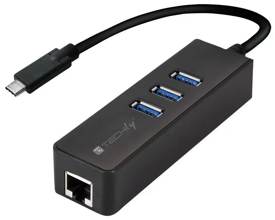 Techly USB-C adaptér a. Gigabitový Ethernet s 3 portami USB3.0, čierny