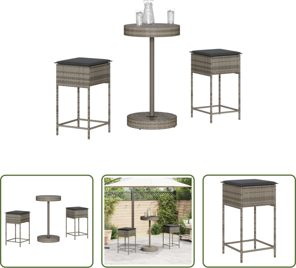 The Living Store 3-dielny záhradný barový set s vankúšmi sivý polyratan
