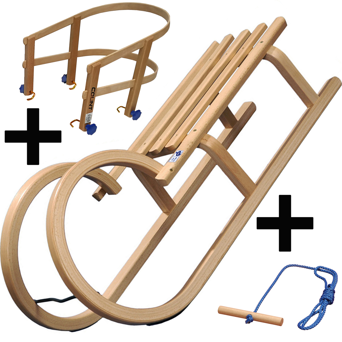 COLINT Holzschlitten Rodel 100 cm Hörnerschlitten Leine Lehne Holz Schlitten SET 58336