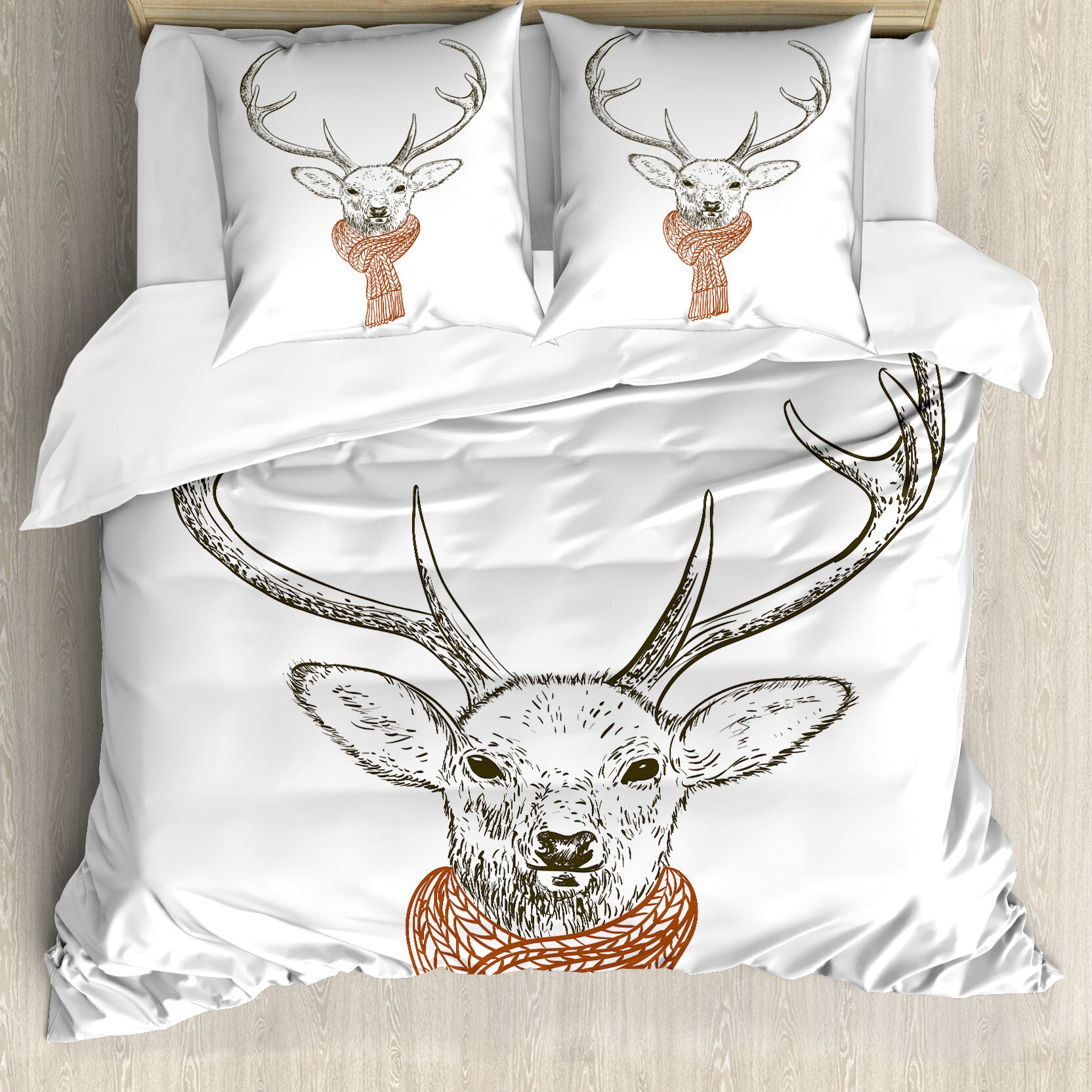 ABAKUHAUS Geweih Bettbezug, Deer mit Schal-Winter, Milbensicher Allergiker geeignet mit Kissenbezügen, 200 cm x 200 cm - 80 x 80 cm, Redwood Grau Weiß nevde_12802_200x200_de