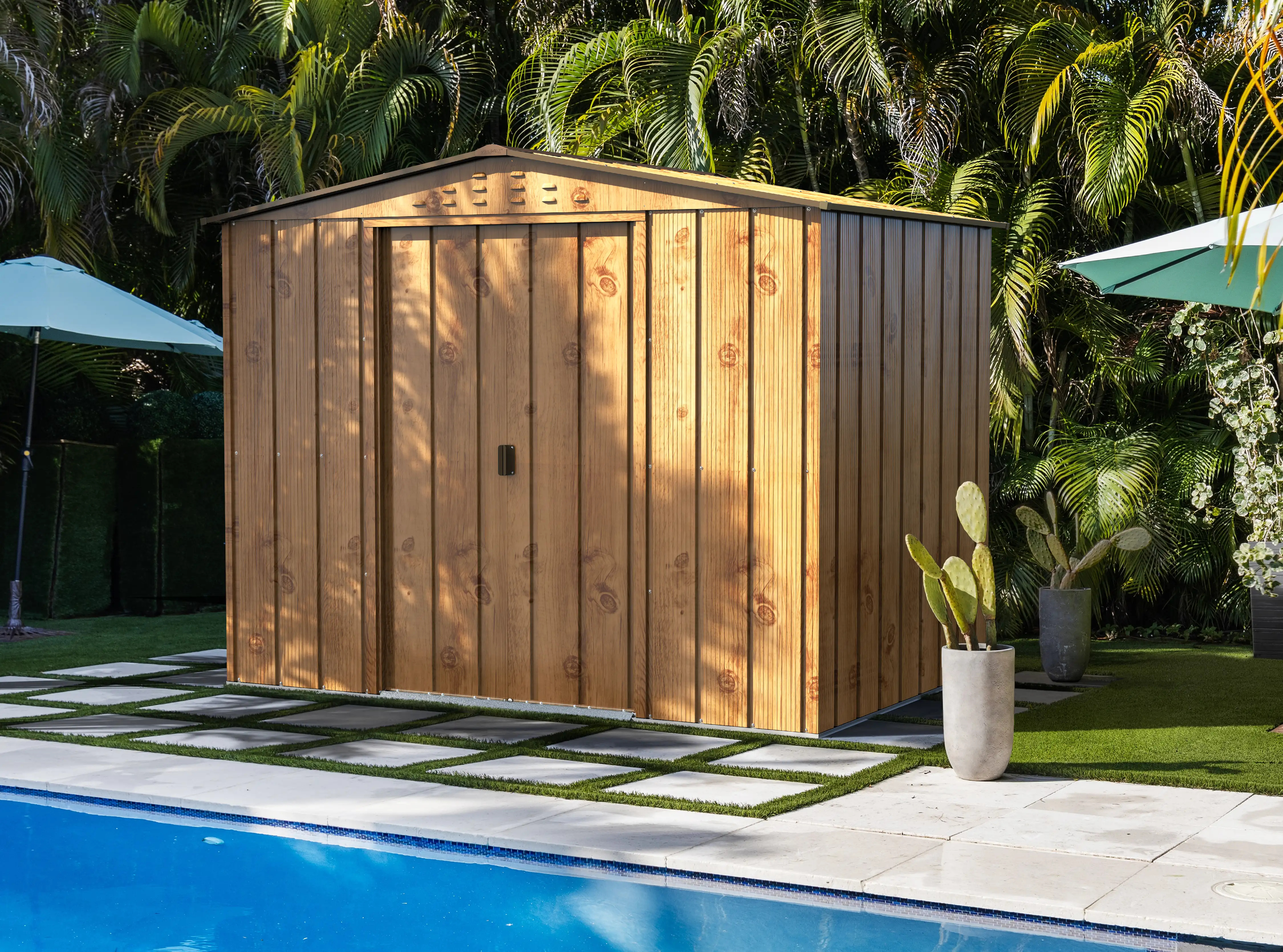 DURAMAX Metall-Gerätehaus 2,6x1,8m Holzoptik Gerätehaus aus Metall in Braun, Geräteschrank Gartenhaus D7.1.00012
