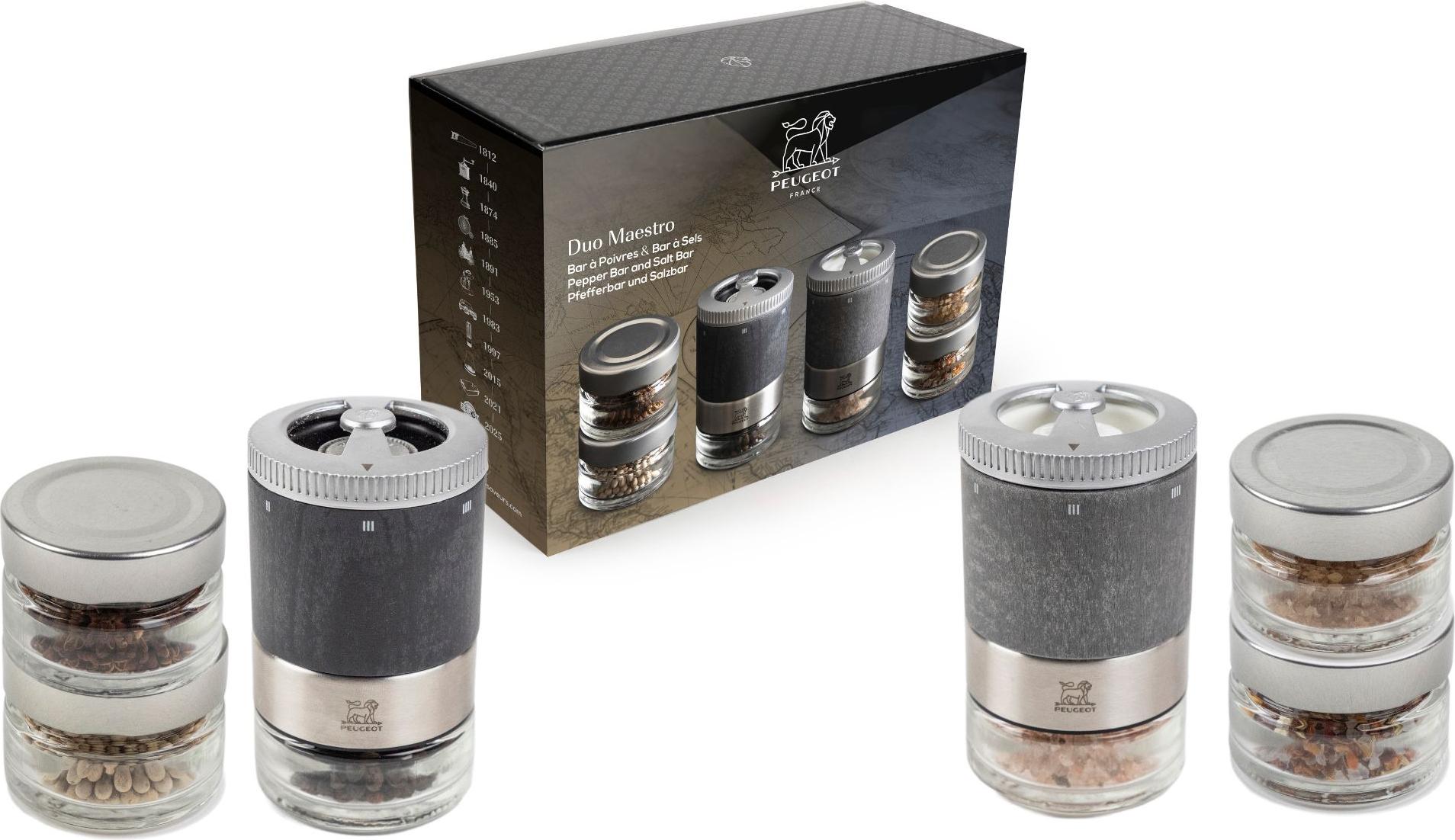 PEUGEOT Geschenkset MAESTRO DUO Pfeffermühle Salzmühle 11cm Wechsel Gewürzgläser 4,00695E+12