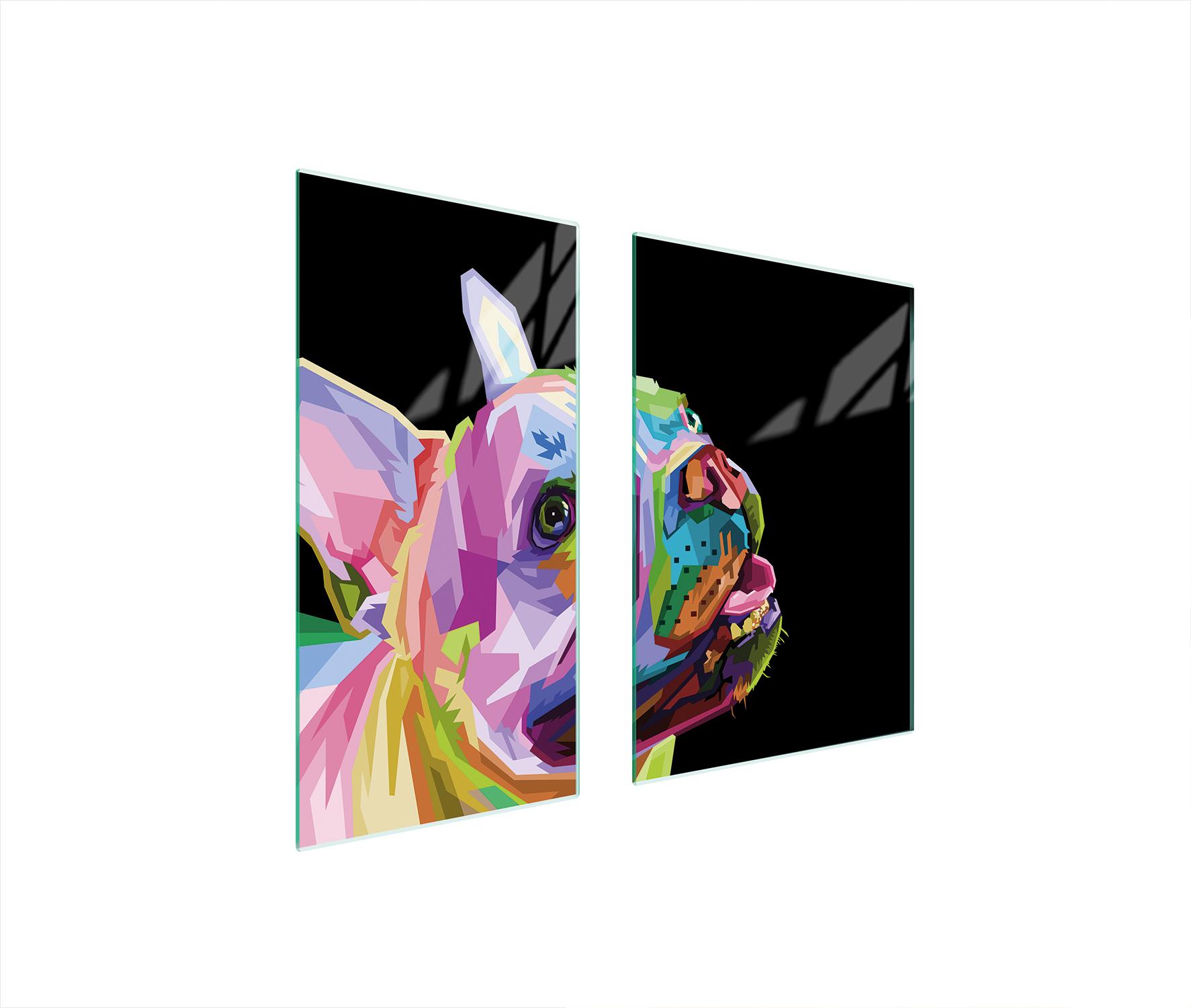 TMK ArtDeko Herdabdeckplatten 2 teilig 75x52 Ceranfeld Abdeckung Glas Schneidebrett Hund Bunt