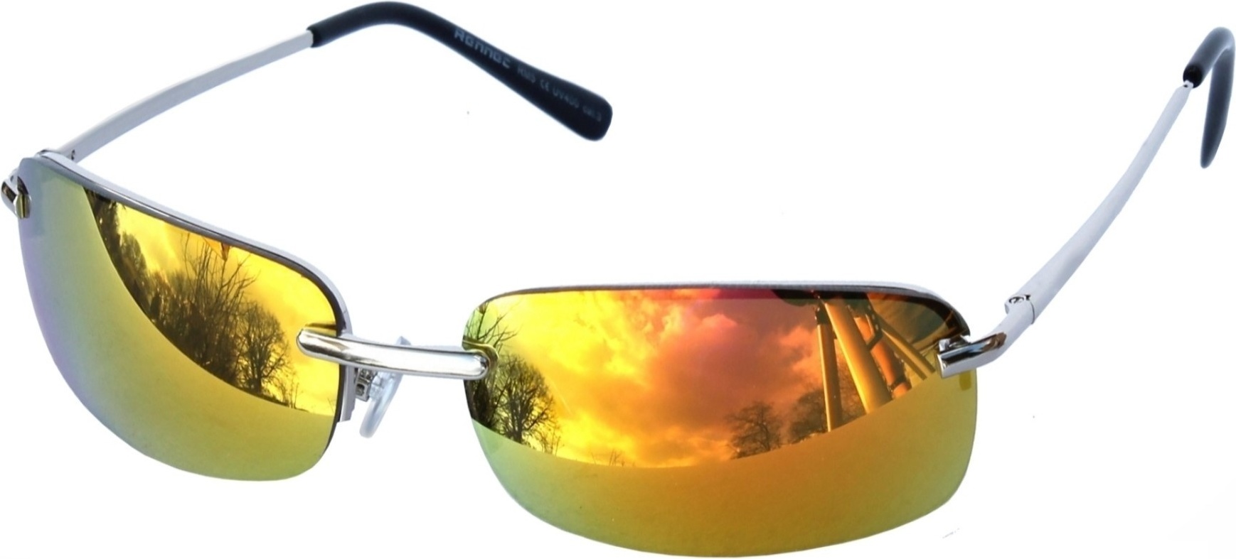 Rennec Sonnenbrille Schmal Orange Verspiegelt eckig Rechteckig Matrix Neo Design Edelstahl Brille Damen Herren Festivalbrille mit Federgelenke M5Silber-Orange-Spiegelt