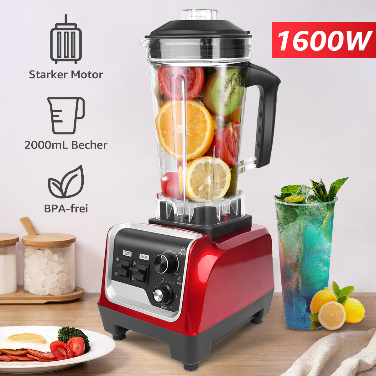 STAROVER CMYbabee Standmixer 2L, Hochleistungsmixer 1600W Smoothie Maker, Pulsfunktion, Klinge aus Edelstahl Standmixer, Protein Fitness, Eiscrusher, BPA FREI HS206D