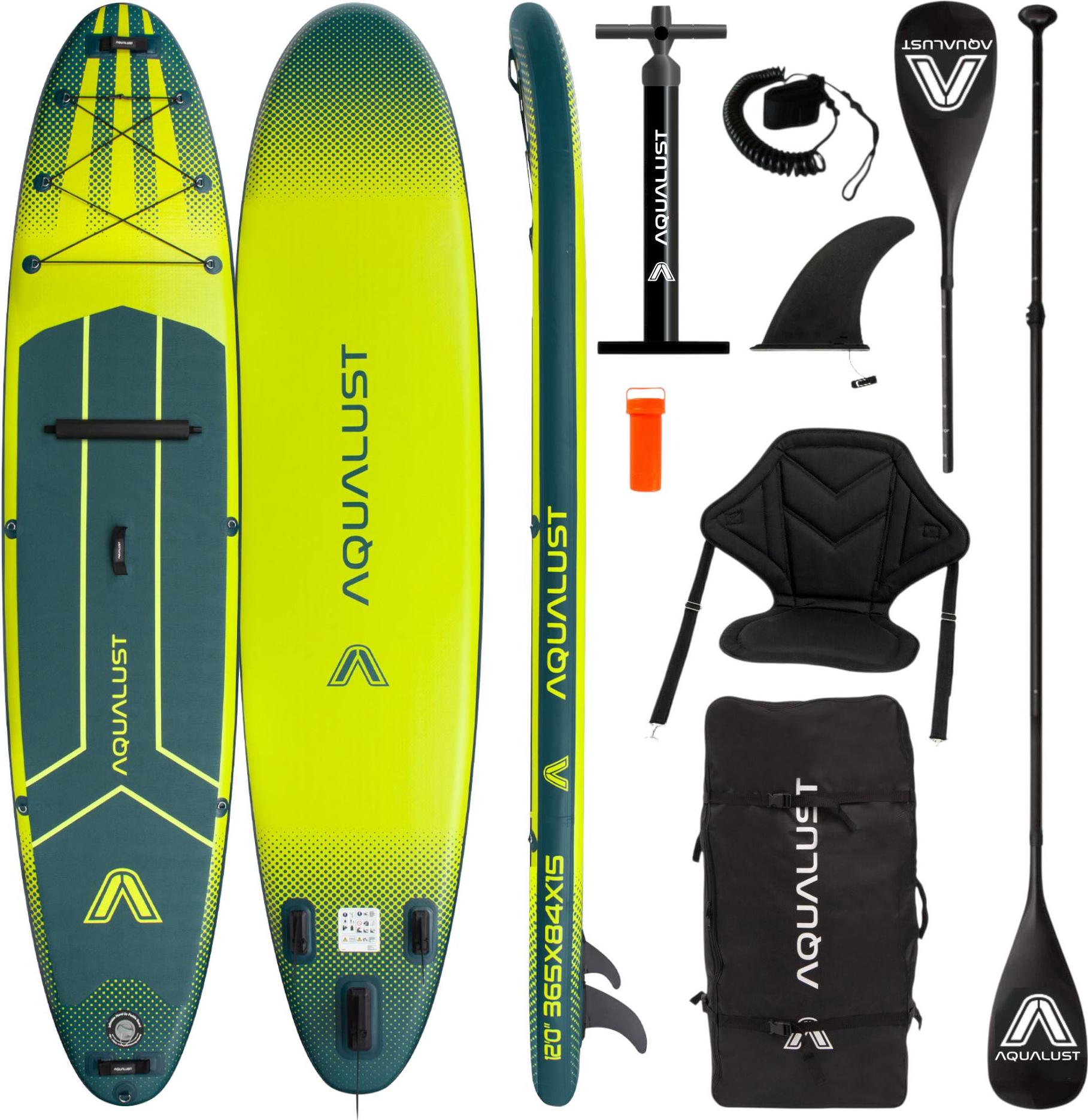 AQUALUST 12.0 iSUP Board Stand Up Paddle Surfboard nafukovací kompletný set 365cm - Obsah: board set+kajak pádlo+sedadlo