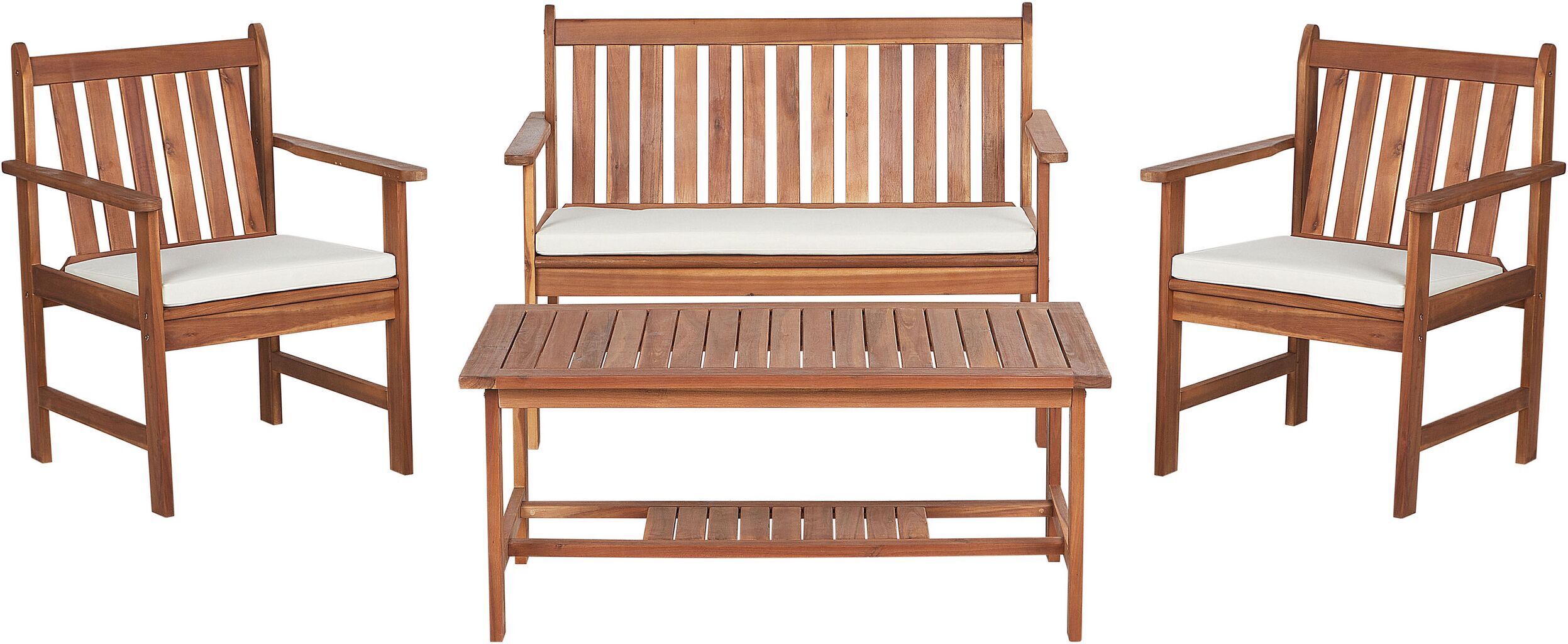 BELIANI Záhradná sedacia súprava svetlé akáciové drevo biele sedacie vankúše 4-miestna pohovka 2 kreslá stolík moderný štýl exteriér