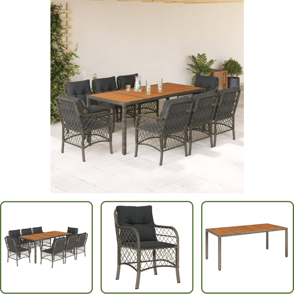 The Living Store 9-dielny záhradný jedálenský set s vankúšmi sivý polyratan