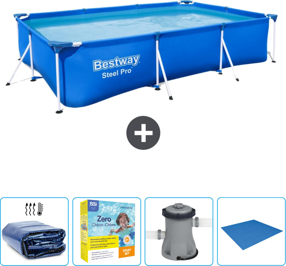Obdĺžnikový bazén Bestway Steel Pro - 300 x 201 x 66 cm - modrý - vrátane markízy - balík na údržbu - čerpadlo - krycia plachta