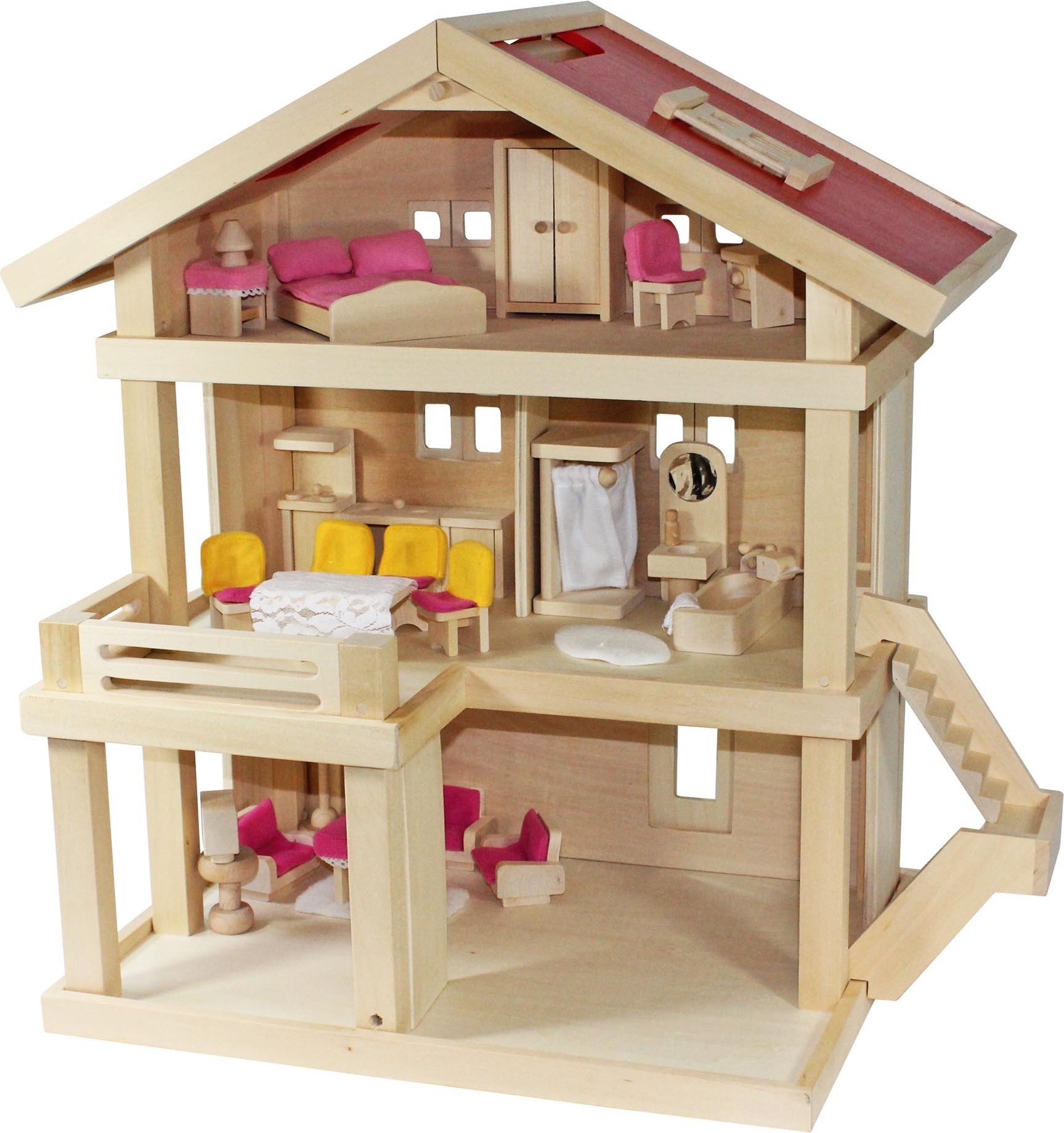 Villa Freda rosé Puppenhaus Stadtvilla + Hussen + Puppenmöbel Holz 46x35x58 cm GF2154B_3417
