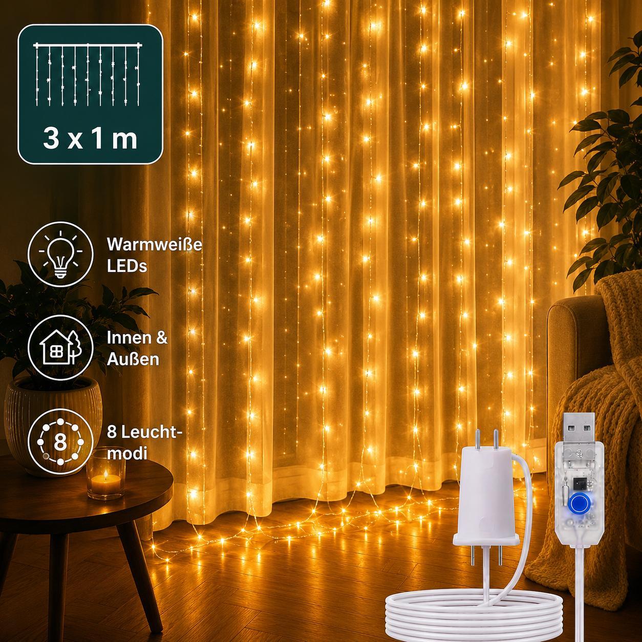 Feilicious 3x1 M 100 LED Lichterkette, Lichterkettenvorhang mit 8 Modi Fernbedienung, Lichterkette, USB Lichterketten Vorhang, E0006