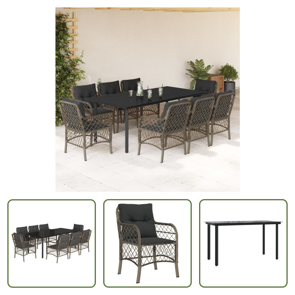 The Living Store 9-dielny záhradný jedálenský set s vankúšmi sivý polyratan
