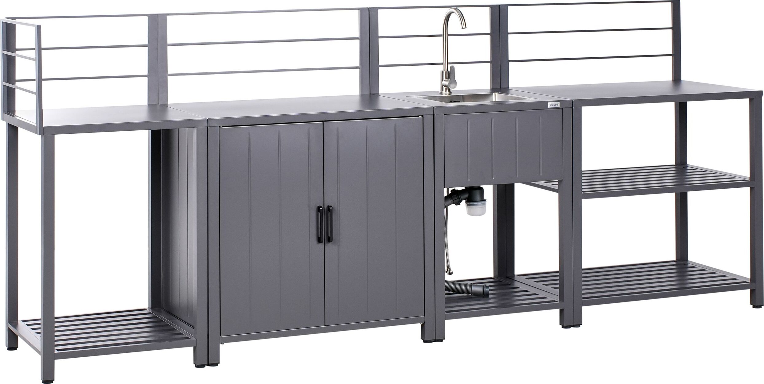BELIANI 4-dielna záhradná kuchynská linka sivá hliníková skrinka kuchynský ostrovček s drezom letná kuchyňa exteriér