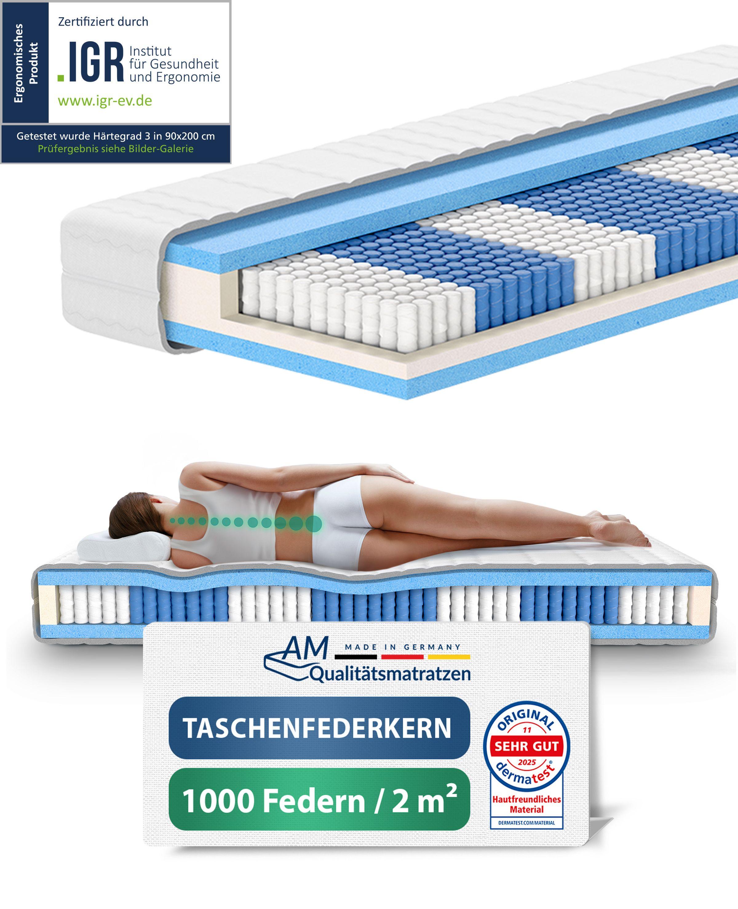 AM Qualitätsmatratzen | 1000 Federn 7-Zonen Taschenfederkernmatratze - 90x220 cm - H3 | Tonnentaschenfederkernmatratze | 90/220 | Federkernmatratze | Härtegrad H3 | 7 Zonen | 24 cm Höhe