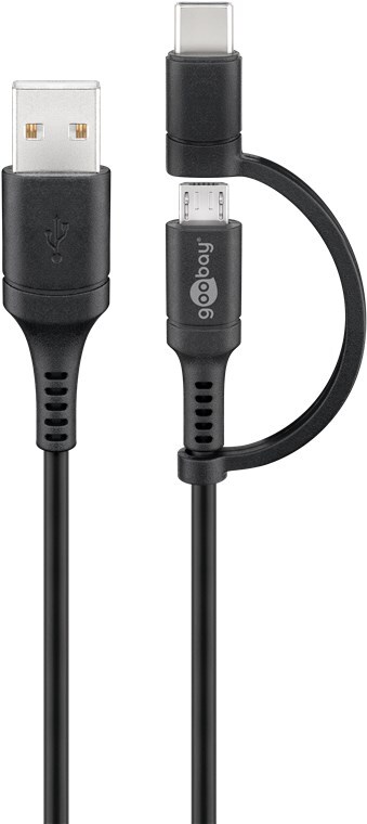 Nabíjací a synchronizačný kombinovaný kábel, kábel s konektorom Micro-B a USB-C, nabíjací kábel 2v1, 1 m, čierny