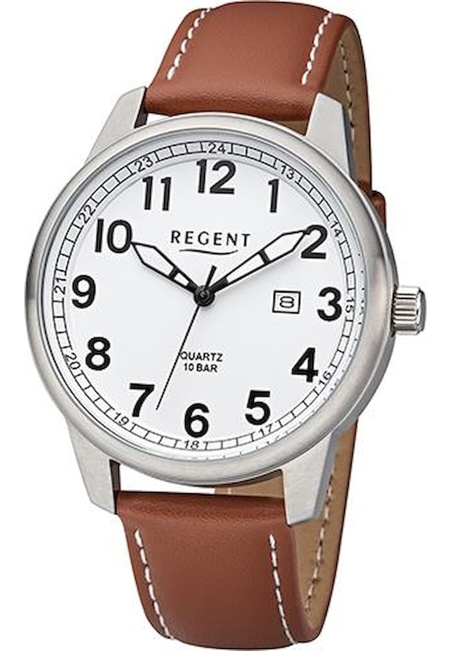 Regent Herren Uhr Lederarmband Leder Armbanduhr Analog braun weiß URF1256 F-1256