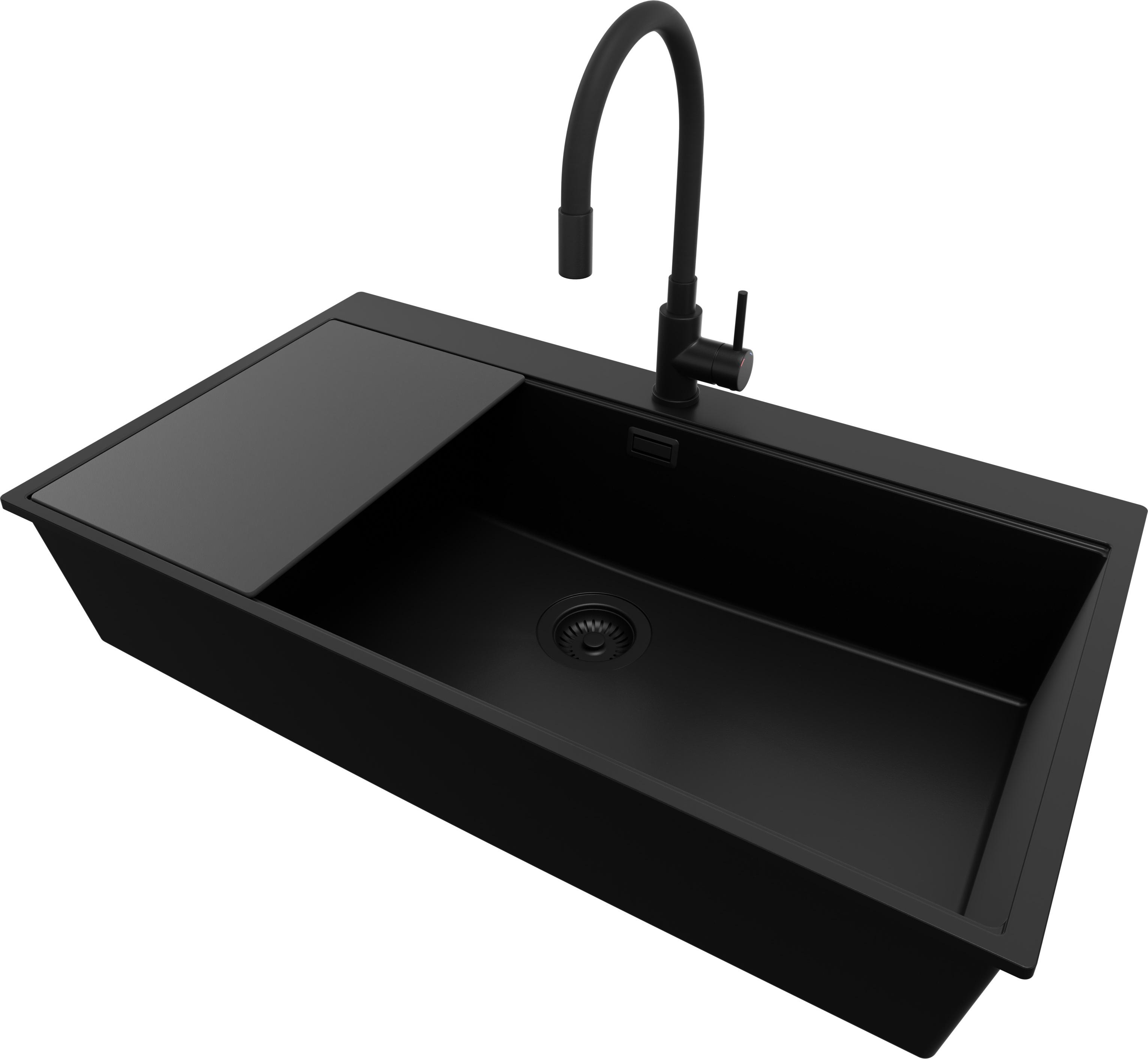 PRIMAGRAN Granitspüle Alles Schwarz 88x50cm, Spülbecken 1 Becken + Küchenarmatur 40x38cm + Ablauf-Set + Schneidebrett, Küchenspüle ab 90er Unterschrank - Oslo