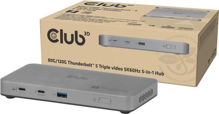 Club 3D CLUB3D CSV-2563 5-1 Thunderbolt™ 5 Hub Triple video 5K60Hz Thunderbolt™ Share Certifi ed 180W, Thunderbolt 5, 100 W, Silber, 60 Hz, Thunderbolt 5, USB 3.2 Gen 2 (3.1 Gen 2) Type-A, 180 W