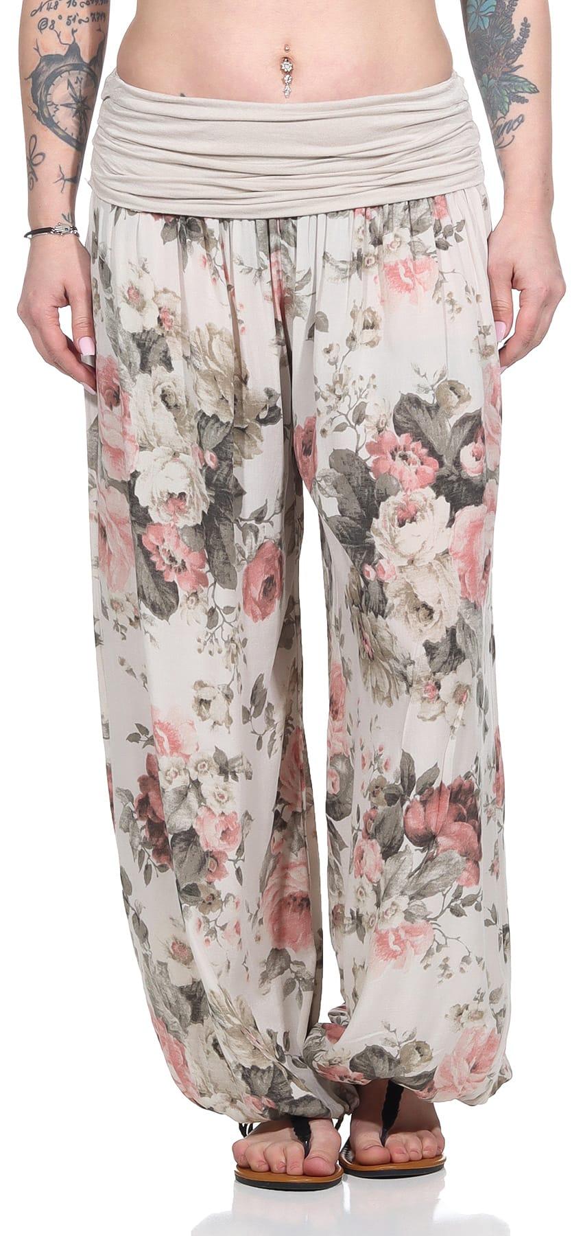 OriginalYou Haremshose Damen leichte BOHO Sommerhose mit weitem Bein Gr. 36 bis 48 Yoga-Hose Damen Haremshose Rosen Natur 36-40