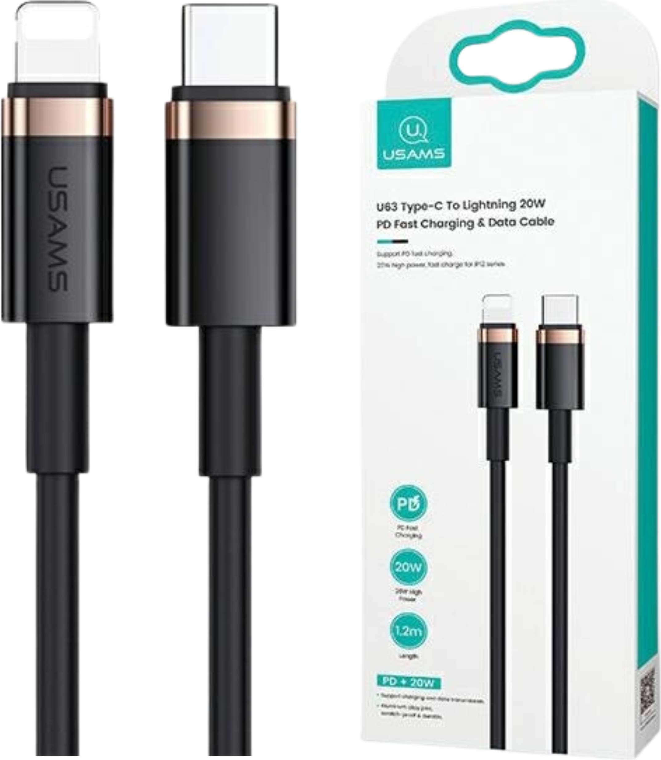 Usams Kábel U63 Usb-C Do Lightning 1,2 M 20 W Rýchle Nabíjanie Pd Čierny/Čierny Sj484Usb01 (Us-Sj484)