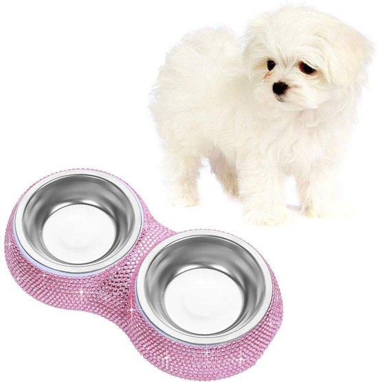 Unyqoos® Doppel-Futternapf – 2 Edelstahlnäpfe mit Strassbesatz, Rosa, Futter- & Wassernapf für Hund und Katze