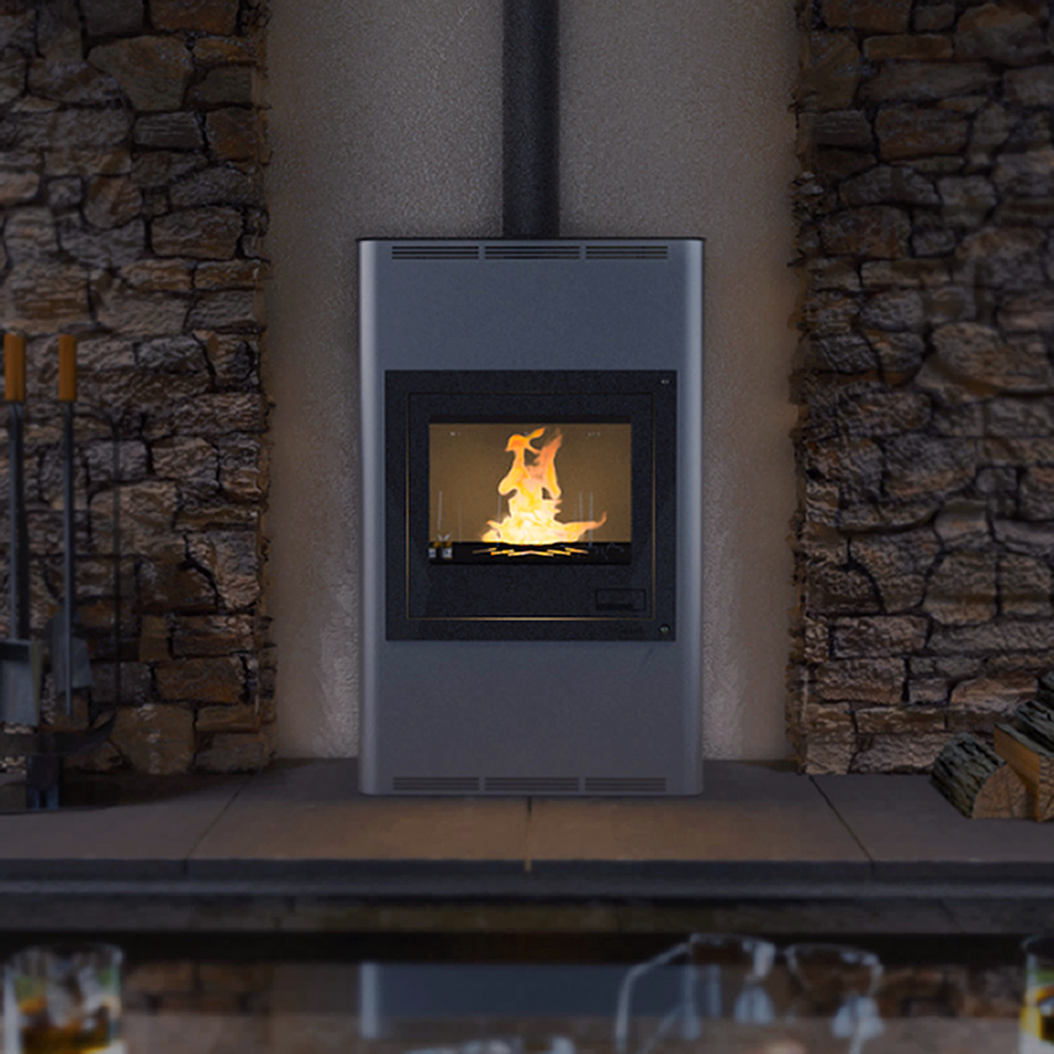 HS FLAMINGO krbové kachle AQUAFLAM 25 s výmenníkom tepla základná regulácia sivá