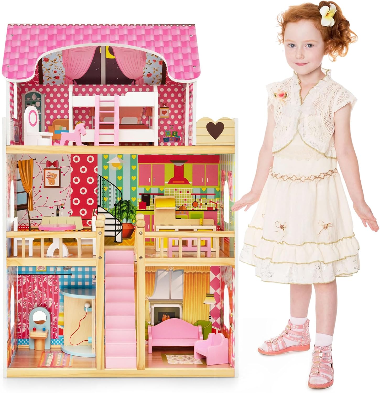 Dreamade Puppenhaus Holz, Holzpuppenhaus mit Zubehör und Möbel, Dollhouse Puppenhaus Puppen für Kinder VR32371RKDE