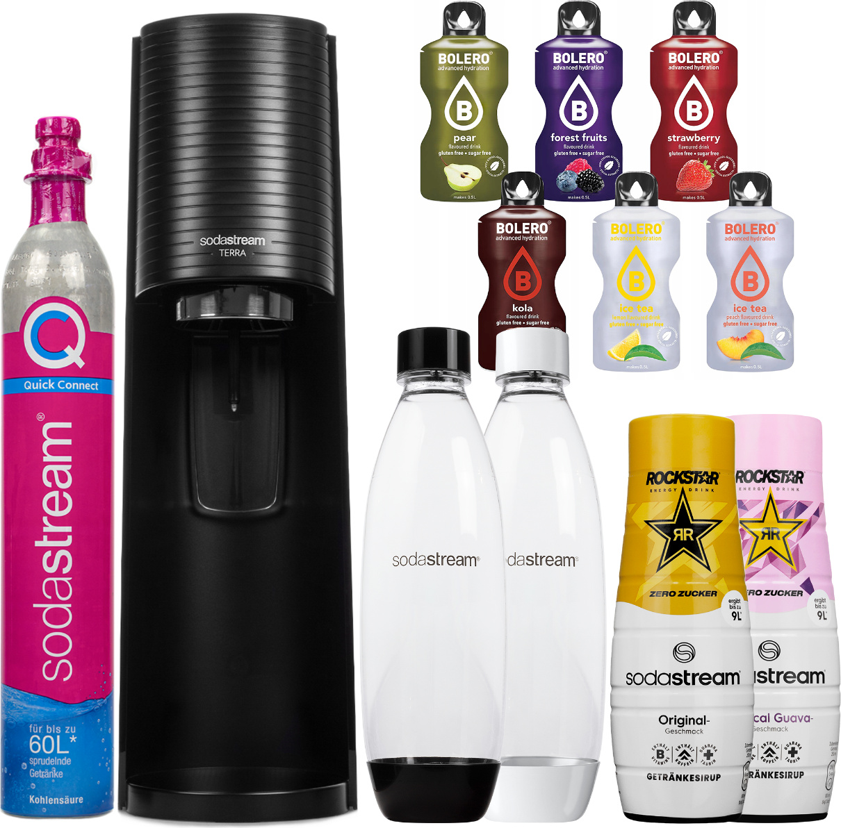 Výrobník perlivej vody SodaStream Terra Black + 2 fľaše, čierna/biela, 1 liter + sirupy Rockstar Original Zero, Rockstar Tropical Guava Zero + Bolero