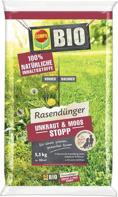 Rasendünger Unkraut & Moos Stopp Compo 5,5 kg 110 m² ,organisch-mineralischer Dünger mit vorbeugender Wirkung gegen die Neubildung von Unkraut und Moos
