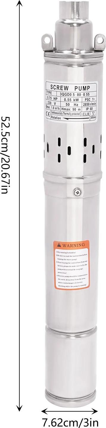 Čerpadlo do hlbokých studní - Ponorné čerpadlo 3 palce (7,6 cm) - 550 W 0,75 hp - Nerezová oceľ - IP68 - EÚ zástrčka - Max. Hĺbka ponorenia 60 m