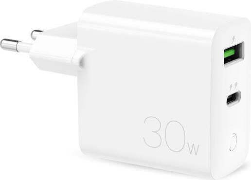 PURO mini rýchla cestovná nabíjačka - rýchle napájanie USB-A + USB-C 30 W (biela)