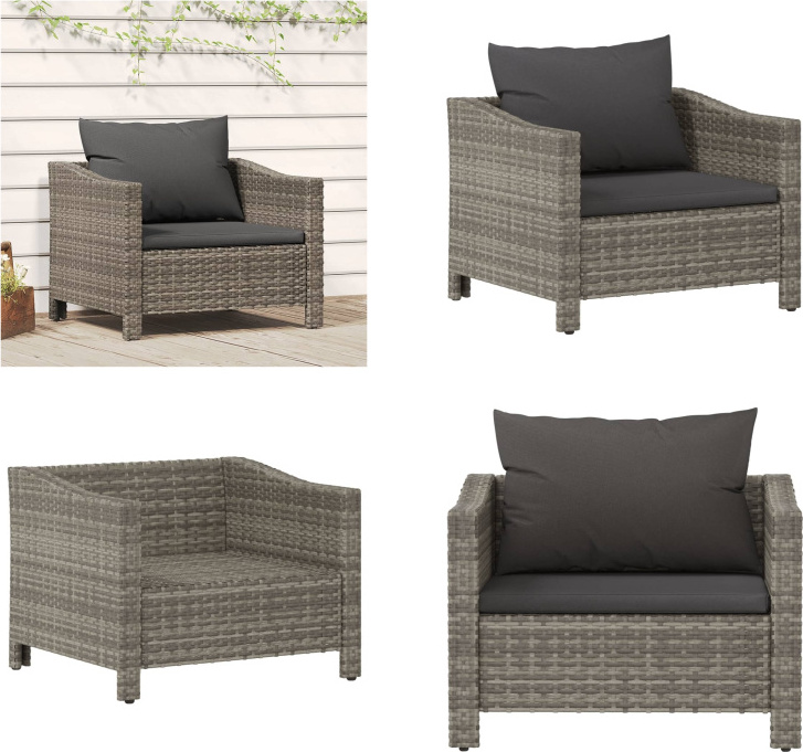 vidaXL Záhradné kreslo s vankúšom Grey Poly Rattan - Záhradné kreslo - Vonkajšie kreslo - Kreslo na terasu - Kreslo s vankúšom