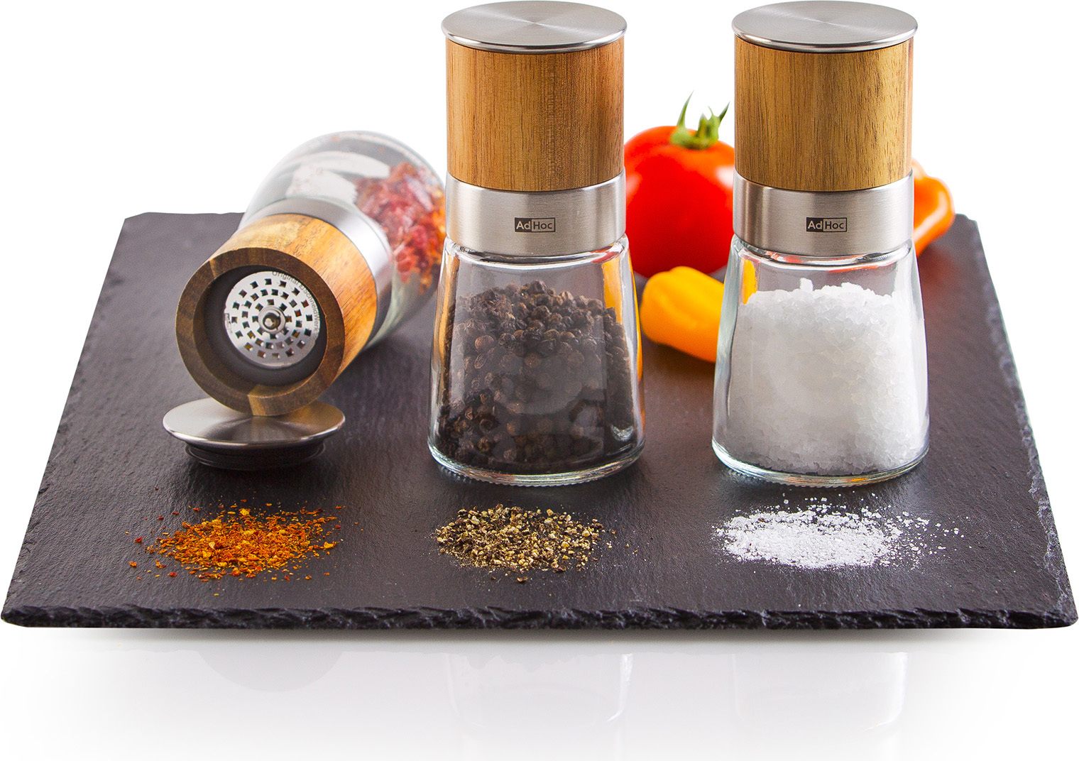AdHoc Geschenk Set Salzmühle, Pfeffermühle, Chilimühle Akasia, Meersalz, schwarzer Pfeffer und Chilischoten inklusive, Glas | Edelstahl | Holz