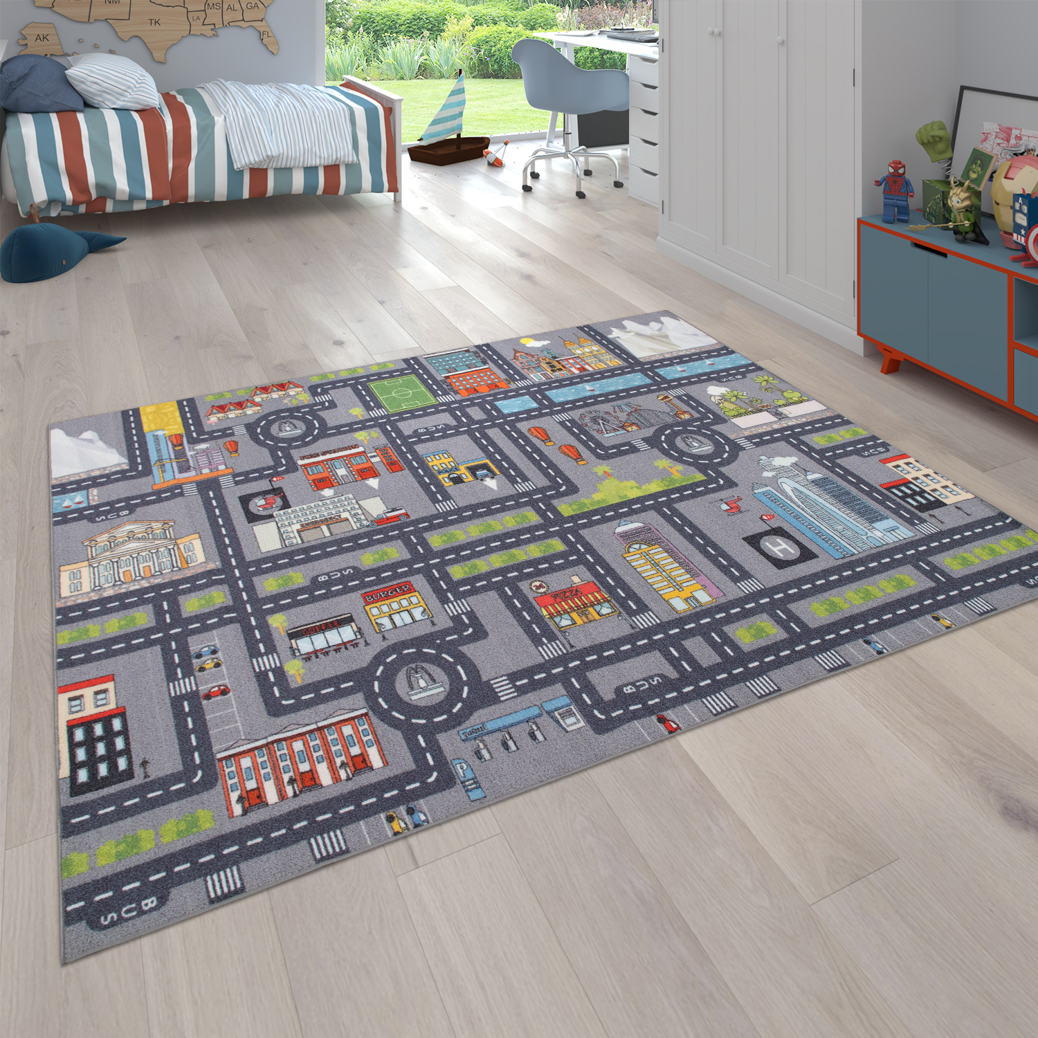 Spielteppich Kinderteppich Kinderzimmer Straßenteppich Auto Straßen Motiv, Grau, Grösse:240x340 cm