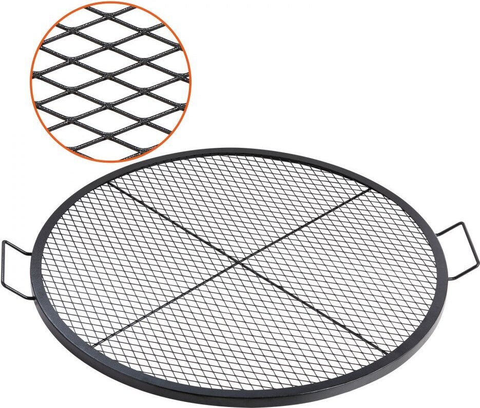 Grilovací rošt X-Marks, Φ 910 x 25 mm grilovací rošt na táborák - oceľový - s rukoväťou a opierkou X-wire - prenosný kempingový riad - na párty a stretnutia v prírode - čierny.