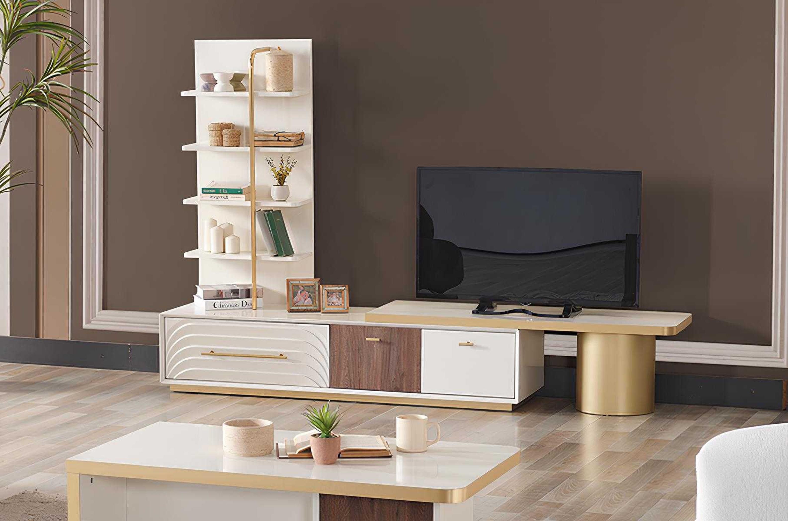 AEA Elegantes TV-Unit mit Regalen und Schubladen mit goldenen Akzenten