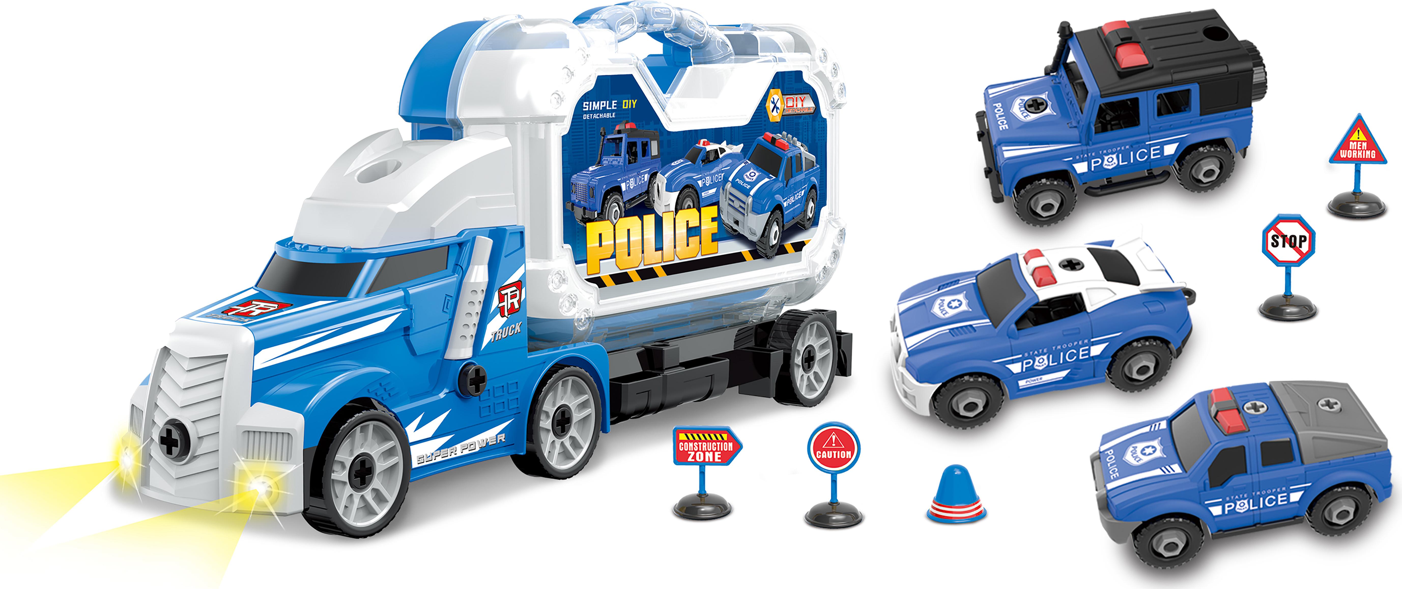 Wiky Polizei-Lkw mit 3 Autos zum Zusammenbauen mit Effekten, 42 cm