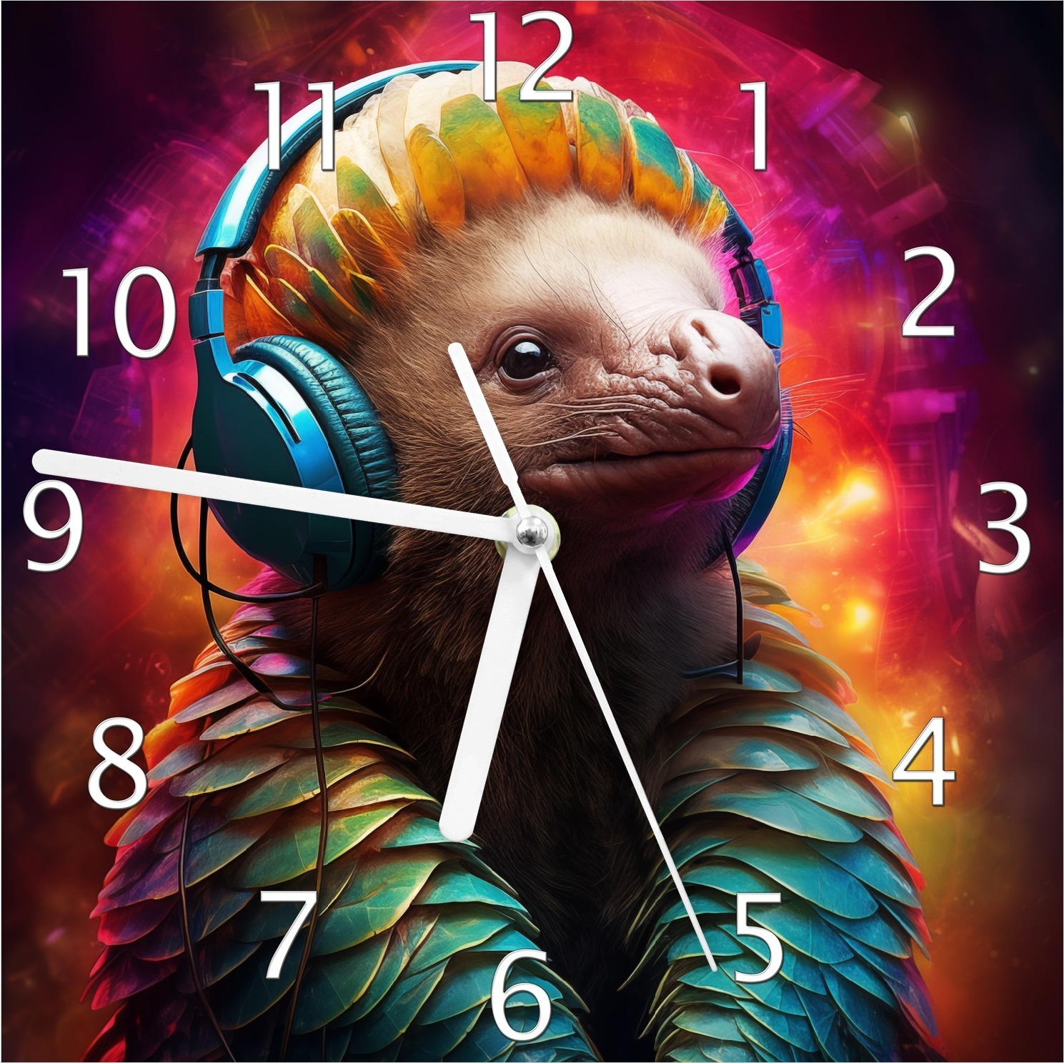 Wallario Design Wanduhr Schuppentier mit Kopfhörern aus Echtglas, Größe 20 x 20 cm guk1009-2020