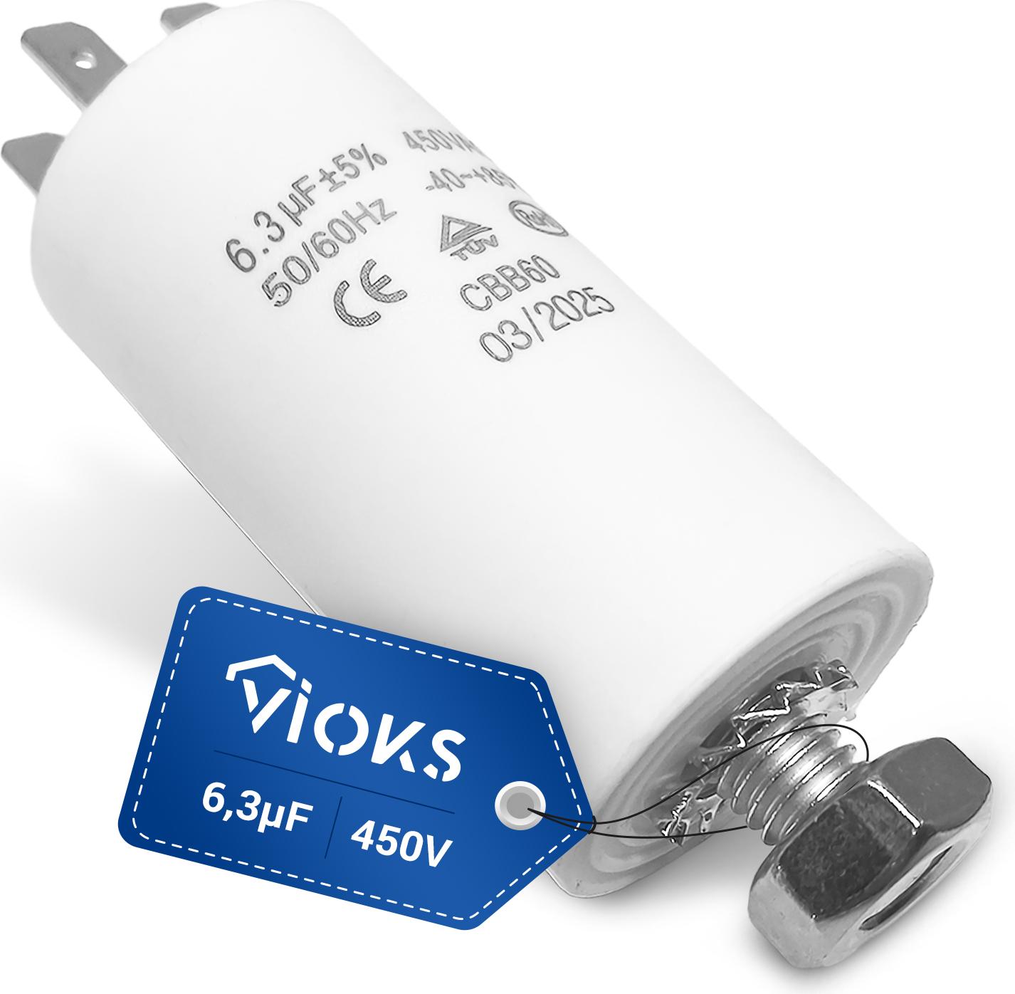 VIOKS Kondensator 6,3µF 450V mit Steckfahnen für Elektrische Hausgeräte 38060-BH