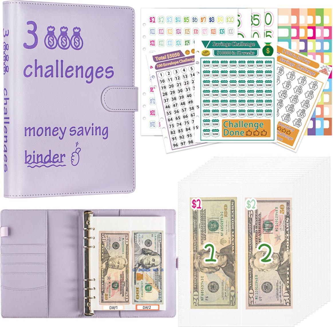 Meoiruery Ordner mit 100 Umschlägen für die Geldspar-Challenge – Buch zur 100-Tage-Geldspar-Challenge, A5-Ordner mit Geldumschlägen und Challenge KAU-ER-LYS-PH-20251017-143