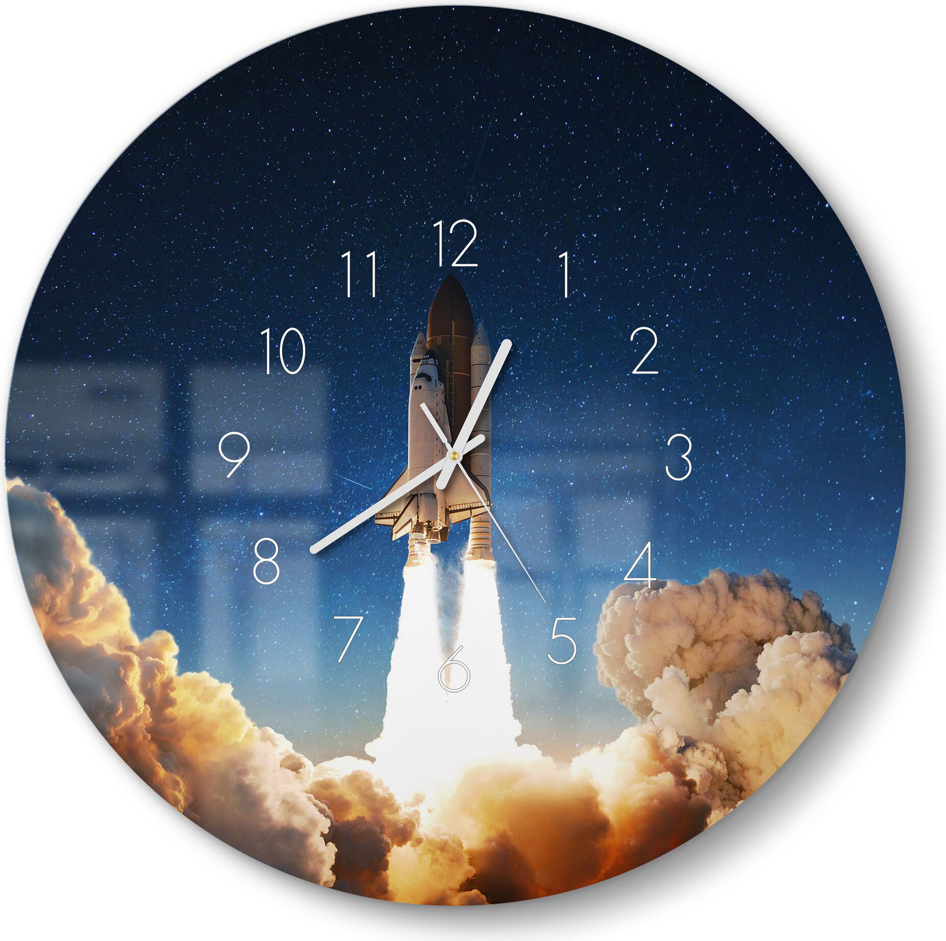 DEQORI Glasuhr Ø50 cm Zahlen 'Raketenstart ins All' Wanduhr Glas Uhr Design leise WC-D50-N-2286