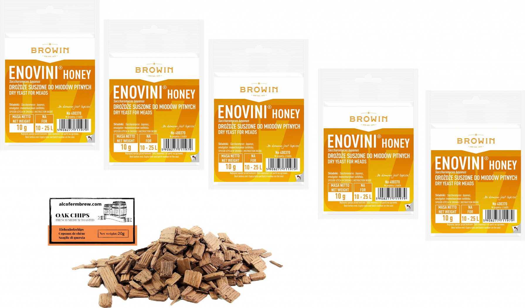 Alcofermbrew 5 x Honigwein Hefe 10g/25L + Eichenholzchips, Trocken Methefe, Weinhefe
